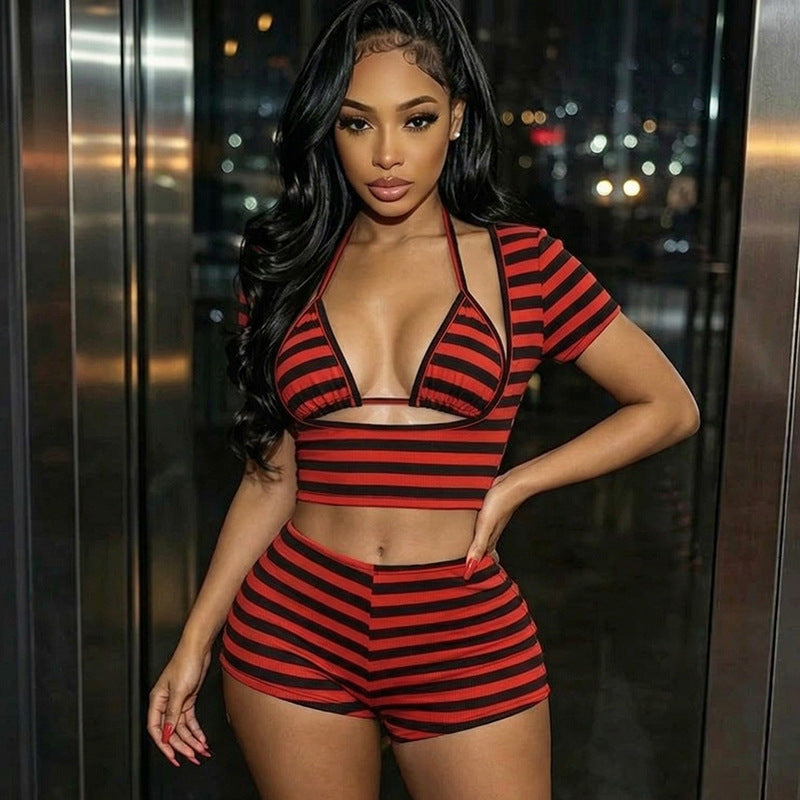 MB10164 Striped 3 Piece Outfit Women | Halter Tie Bralette + Short Sleeve Crop Top + Ruched Drawstring Shorts Matching Set