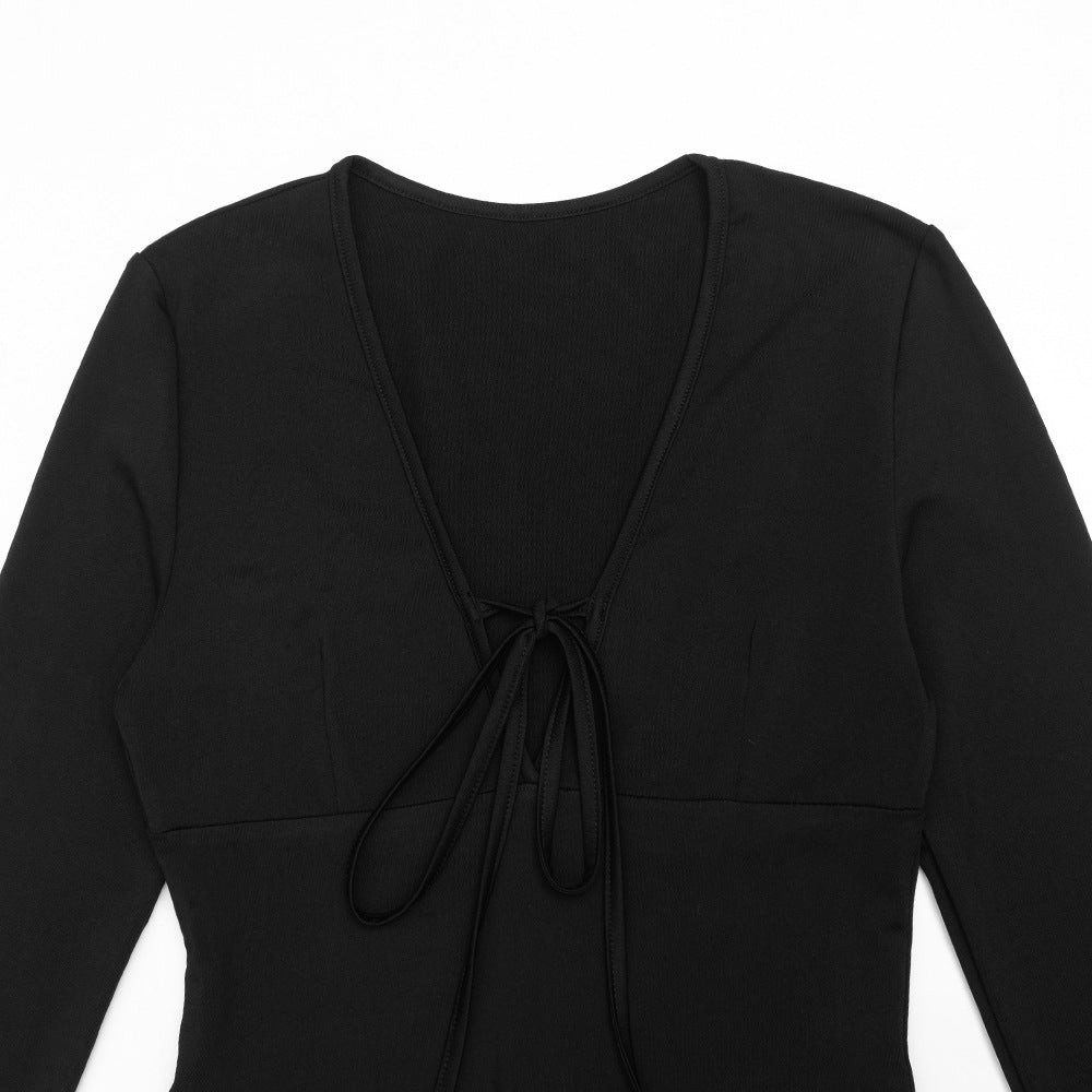 MB1321 Long Sleeve Tie-Front Mini Dress with Bell Cuffs