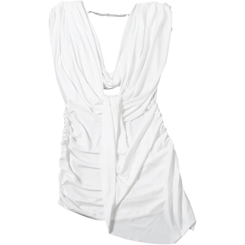 MB1151 Women’s White Deep V-Neck Ruched Mini Dress