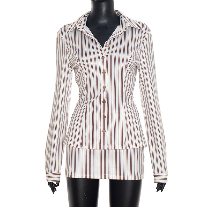 MB10127 Women's Stripe Button Shirt & Bodycon Skirt Two Piece Set