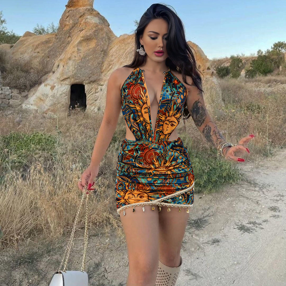 MB1535 Women's Halter Neck Deep V Cut Out Bodycon Mini Dress