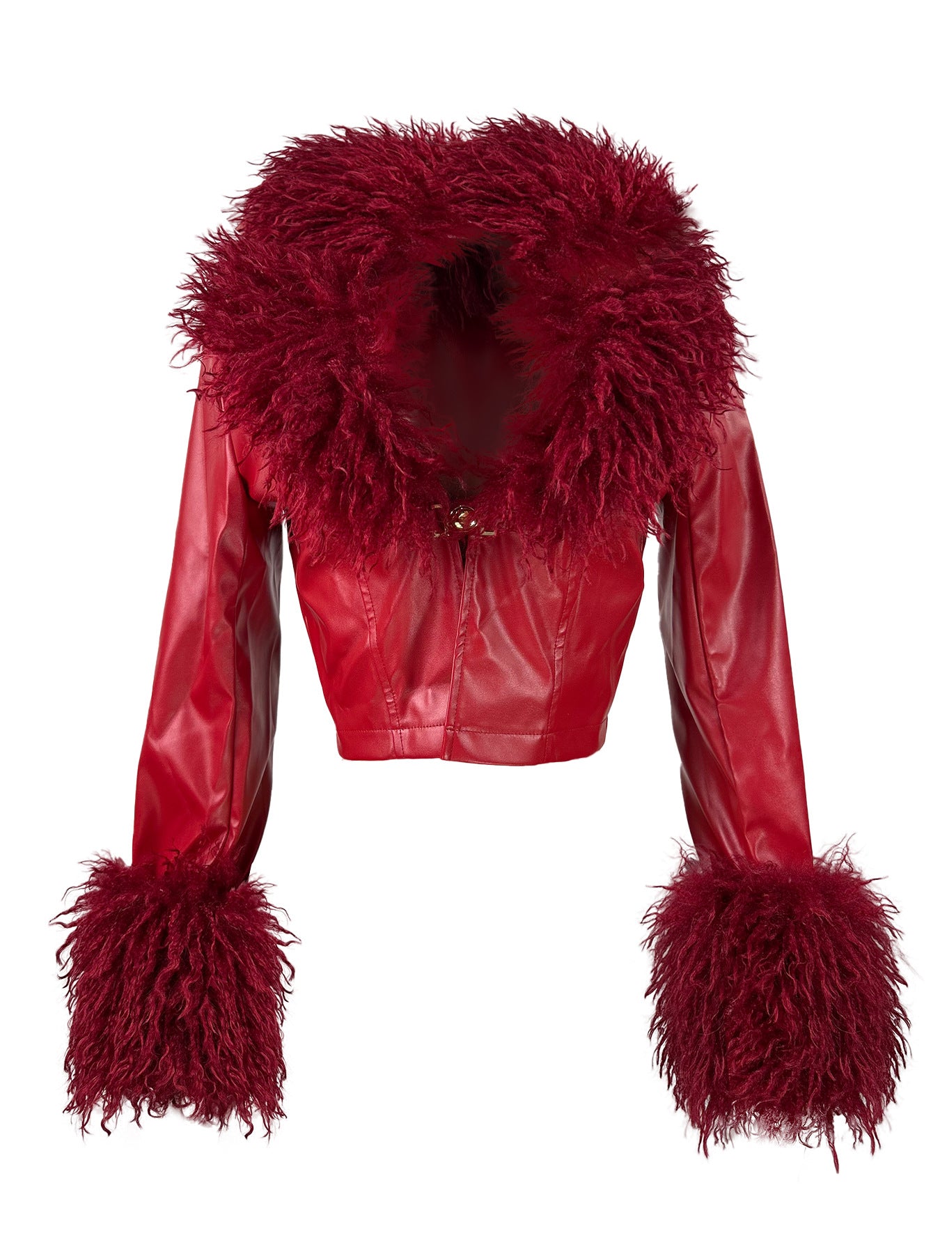 MB1707 Feather Collar & Cuff Trim Cropped Leather Zipper Jacket for Women