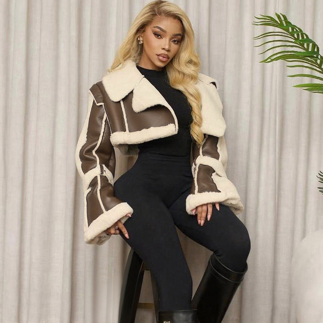 MB1133 PU Leather Shearling Collar Cropped Jacket