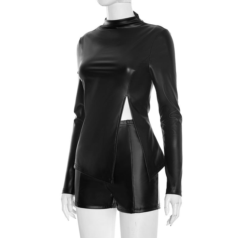 MB10122 Faux Leather Long Sleeve Split Top & High Waist Shorts