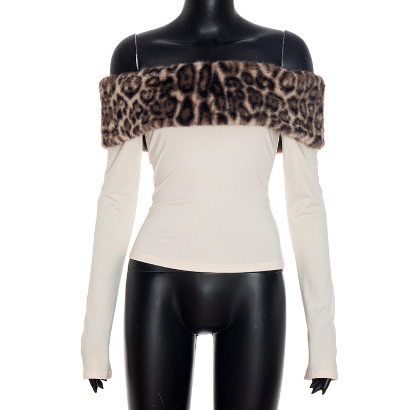 MB1087 Women's Off Shoulder Leopard Long Sleeve Top