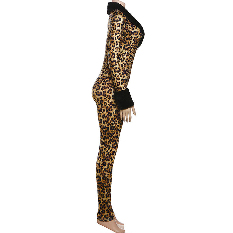 MB1512 Leopard Print Bodycon Jumpsuit - Black Faux Fur Collar & Cuff Trim