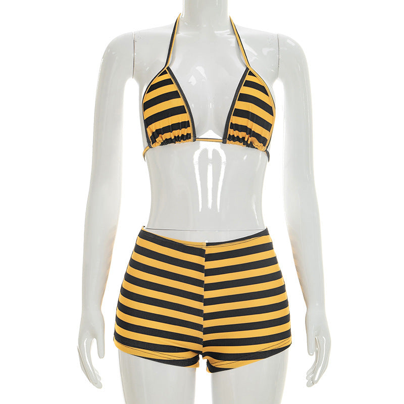 MB10164 Striped 3 Piece Outfit Women | Halter Tie Bralette + Short Sleeve Crop Top + Ruched Drawstring Shorts Matching Set