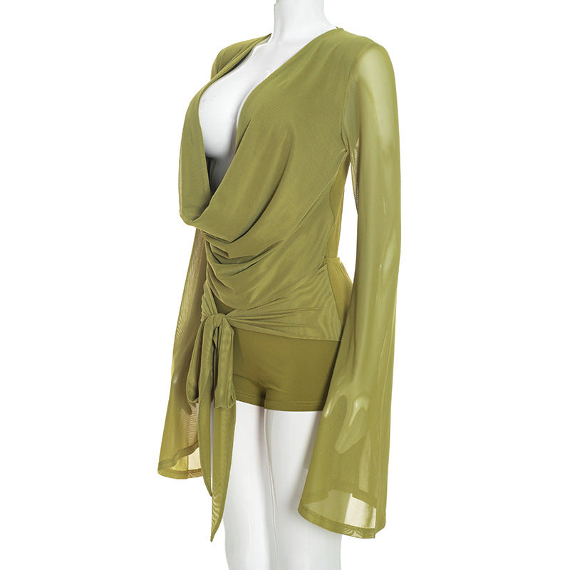 MB10195 Women Mesh Flare‑Sleeve Romper
