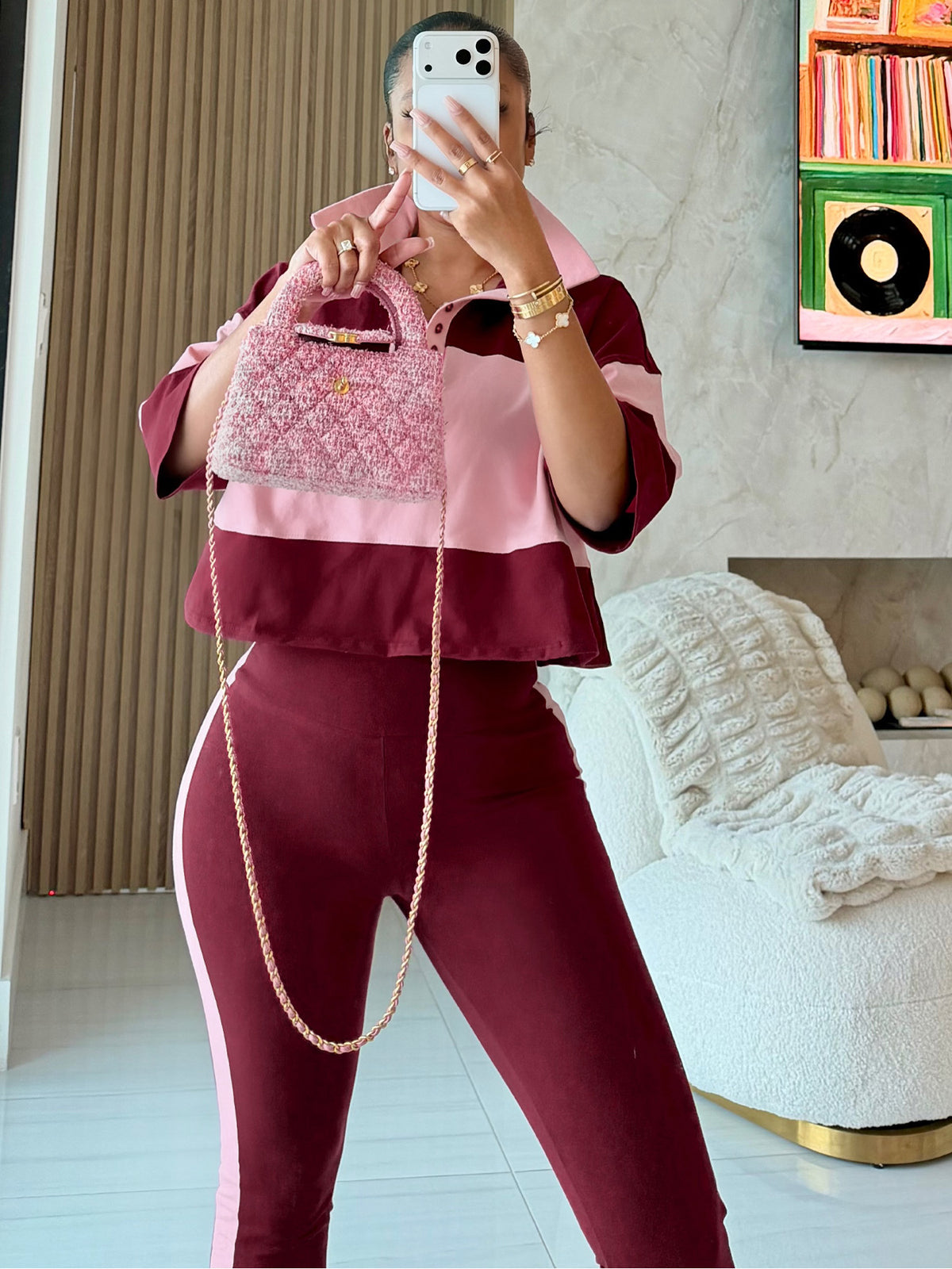 MB1736 Color‑Block Cropped Polo Top & Side‑Stripe Flare Pants 2‑Piece Set