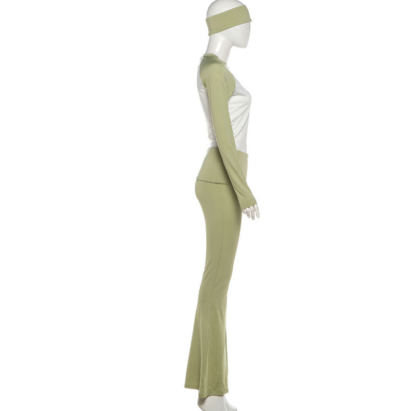 MB1820 Color Block Top & Flare Pants 2 Piece Set with Headband