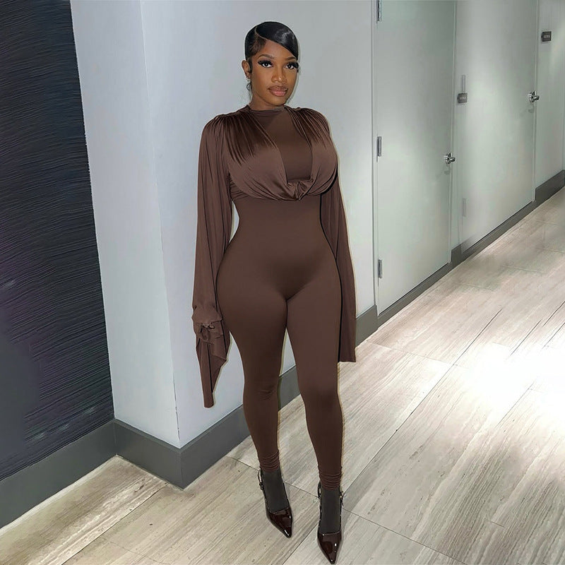 MB10121 Ruched Cape Sleeve Jumpsuit - Bodycon Formal Romper