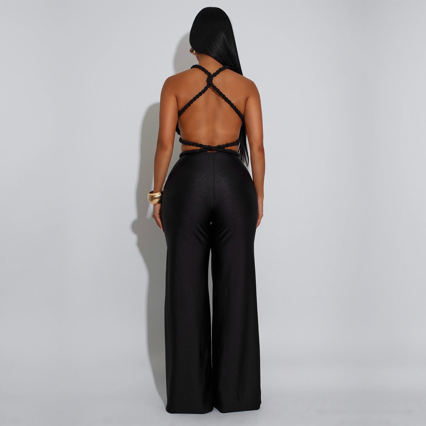 MB1621 Halter Neck Cutout 3D Flower Applique Wide Leg Jumpsuit