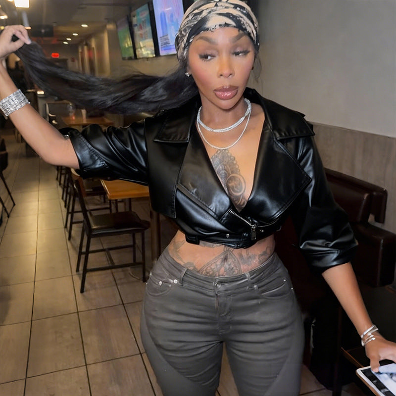 MB1528 Women's Faux Leather Low Neck Crop Jacket