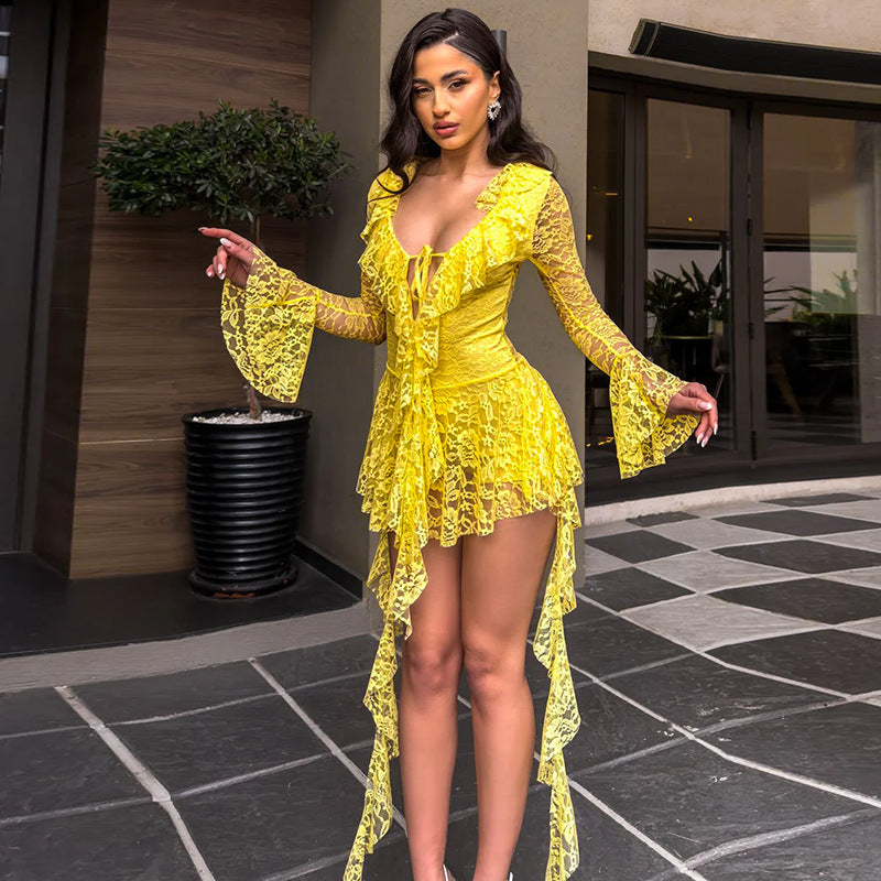 MB10118 Lace Dress with Bell Sleeves - Women's Party Outfit