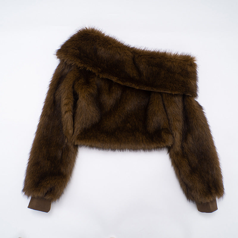 MB10113 Brown Faux Fur Off-The-Shoulder Cropped Top