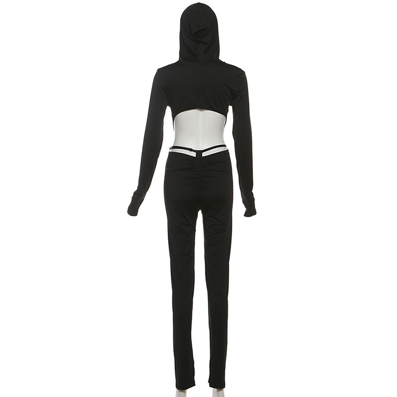 MB1125 Black Skinny Hooded Long Sleeve Jumpsuit
