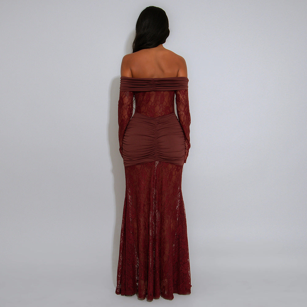 MB1216 Burgundy Lace Ruched Bodycon Maxi Dress