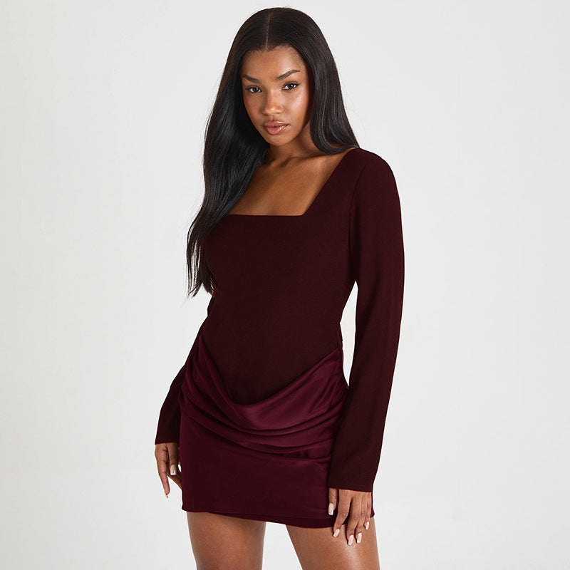 MB1434 Square Neck Long Sleeve Satin Mini Dress