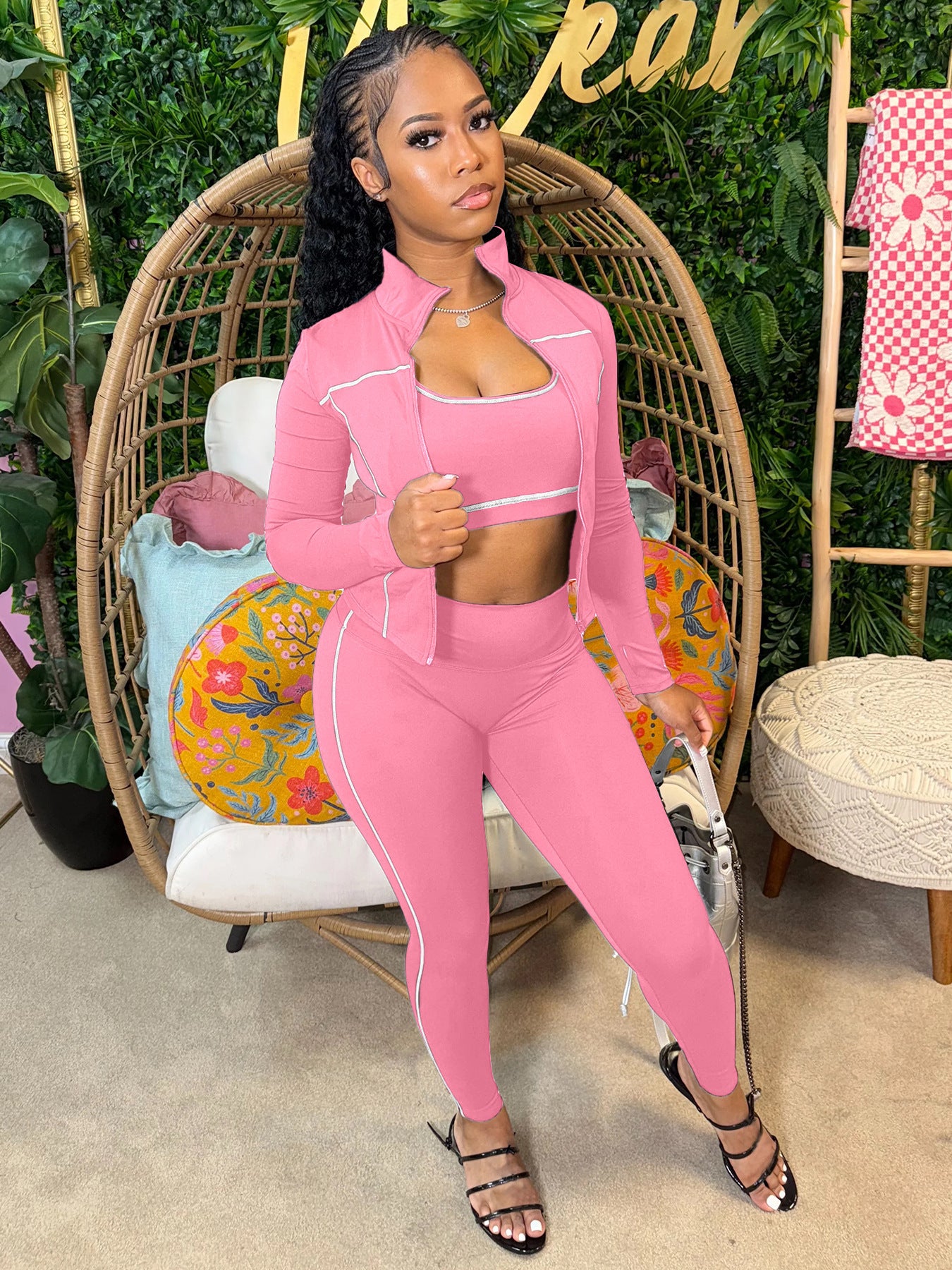 Women's 3-Piece Set: Racerback Crop Tank + Zip-Up Jacket + High-Waisted Leggings