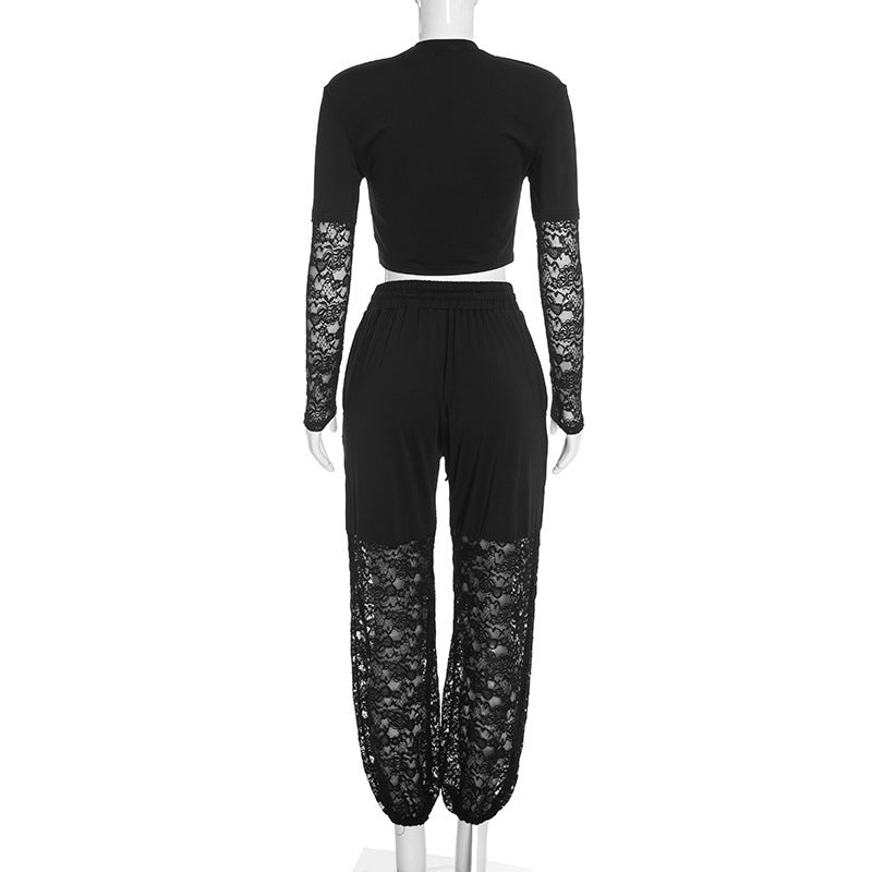 MB10204 Women Black Lace Spliced 2‑Piece Outfit Crop Top & Lace Patchwork Jogger Pants