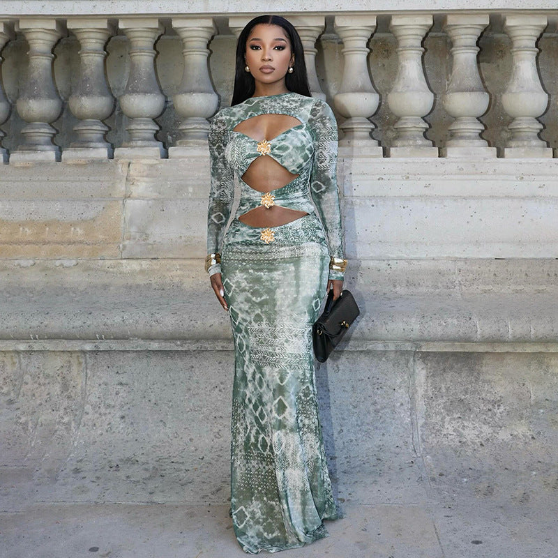 MB10114 Green Tie-Dye Cutout Maxi Dress