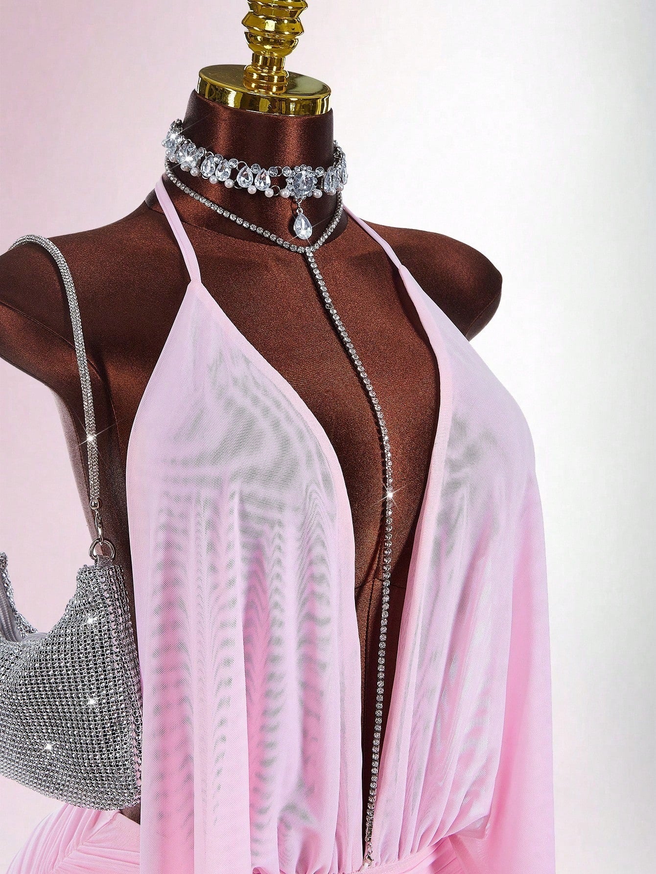  MB2005 Pink Halter Backless Ruched Mesh Mini Dress - Sexy Sheer Party Dress for Women 