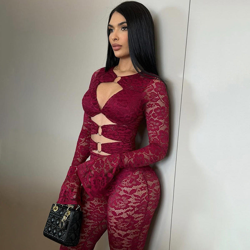 MB1823 Lace Cutout Long Sleeve Top & Flare Pants 2 Piece Set