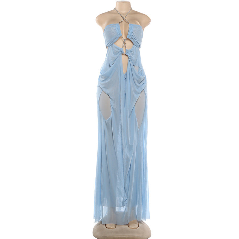 MB1902 Light Blue Sheer Mesh Halter Maxi Dress – Rhinestone Cutout Party Gown