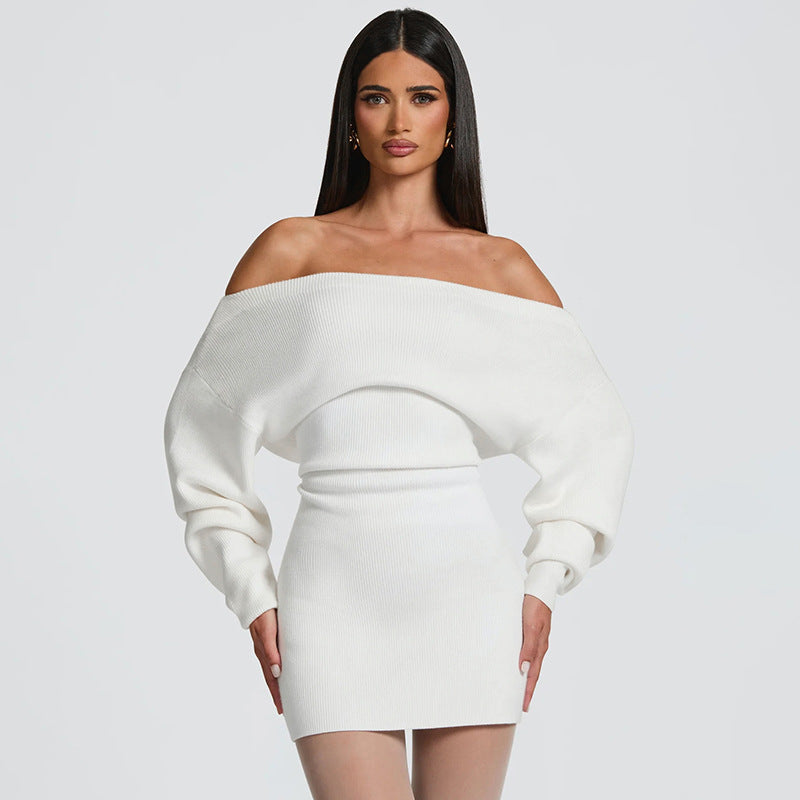 MB1441 Off Shoulder Knit Mini Dress with Tie Waist and Balloon Sleeves