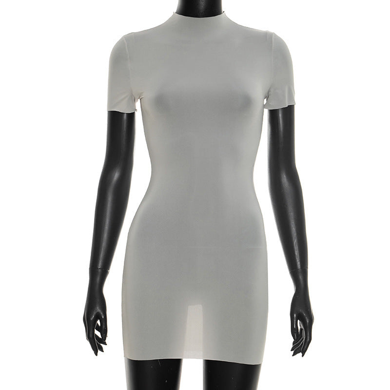 MB1464 Sheer Mesh Mock‑Neck Short‑Sleeve Bodycon Mini Dress