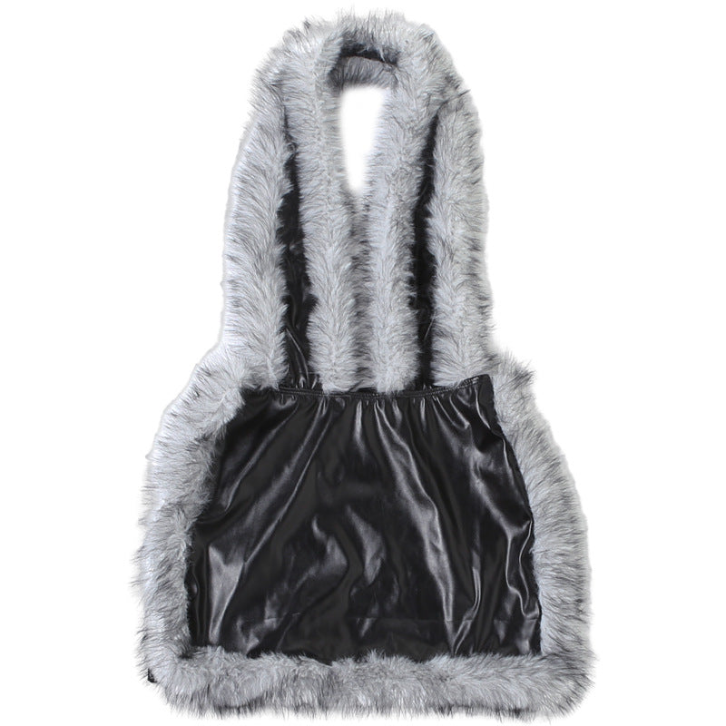 MB1507 Faux Leather Halter Mini Dress with Faux Fur Trim