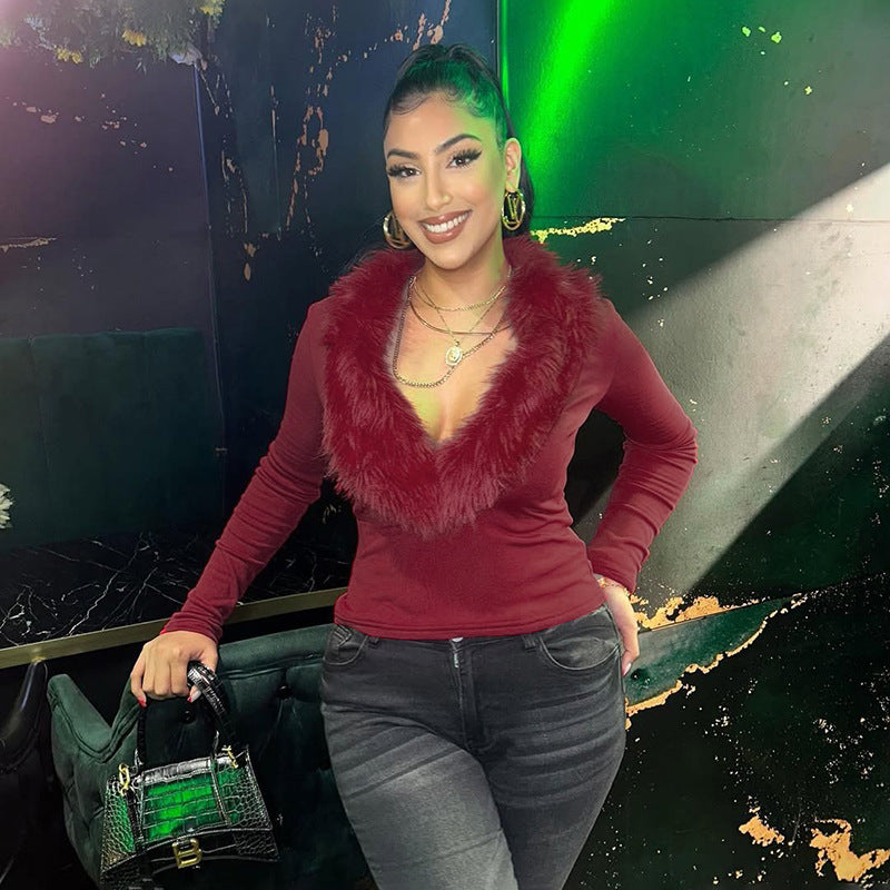 MB10208 Faux‑Fur Collar Deep V‑Neck Long‑Sleeve Crop Top