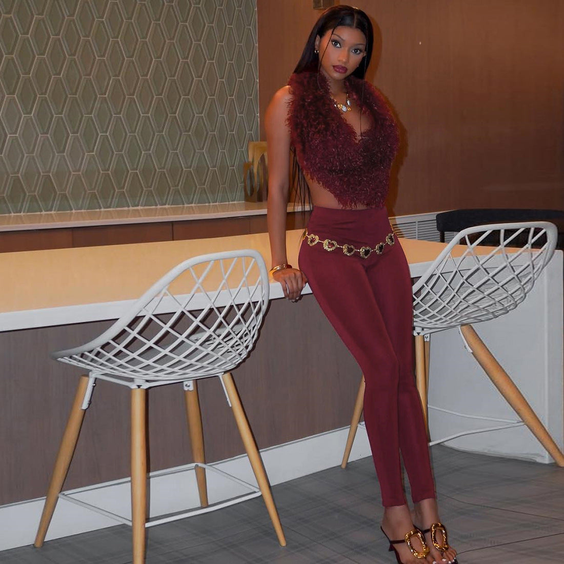 MB1801 Women's Faux Fur Trim Top & High Waist Leggings Two-Piece Outfit