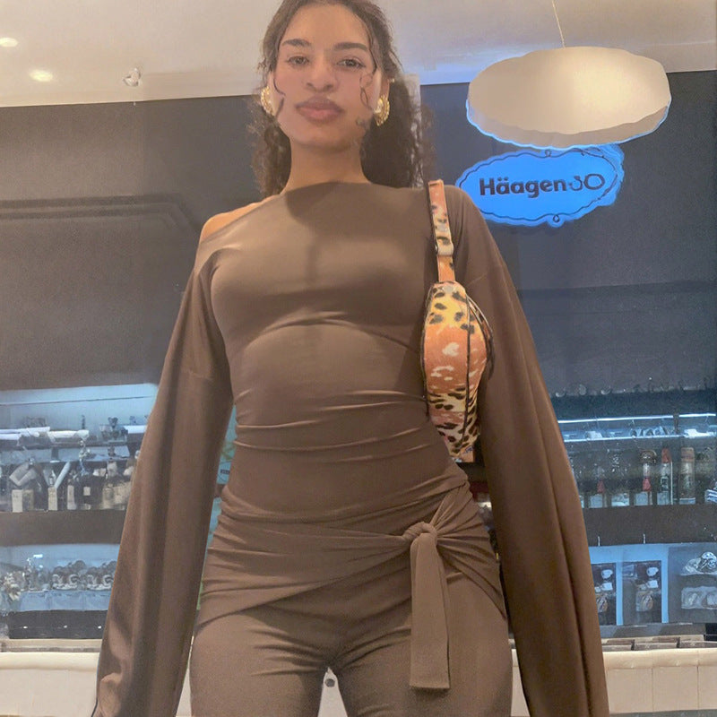 MB1404 Solid Color Top & Tie-Front Capri Pants 2-Piece Set for Women