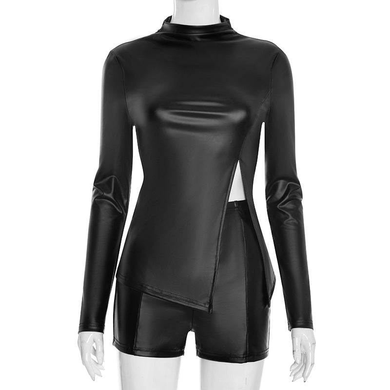MB10122 Faux Leather Long Sleeve Split Top & High Waist Shorts