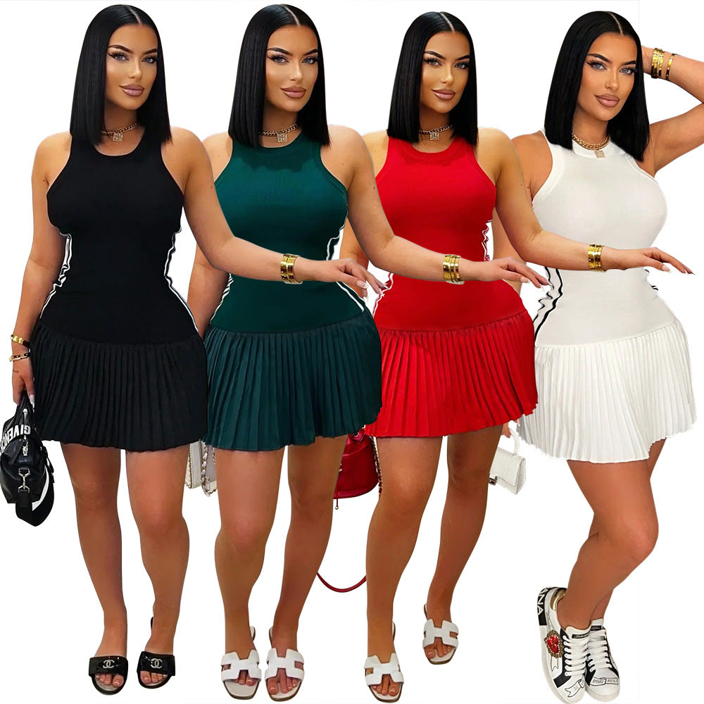 MB1204 Women's Sleeveless Crew Neck Pleated Mini Dress