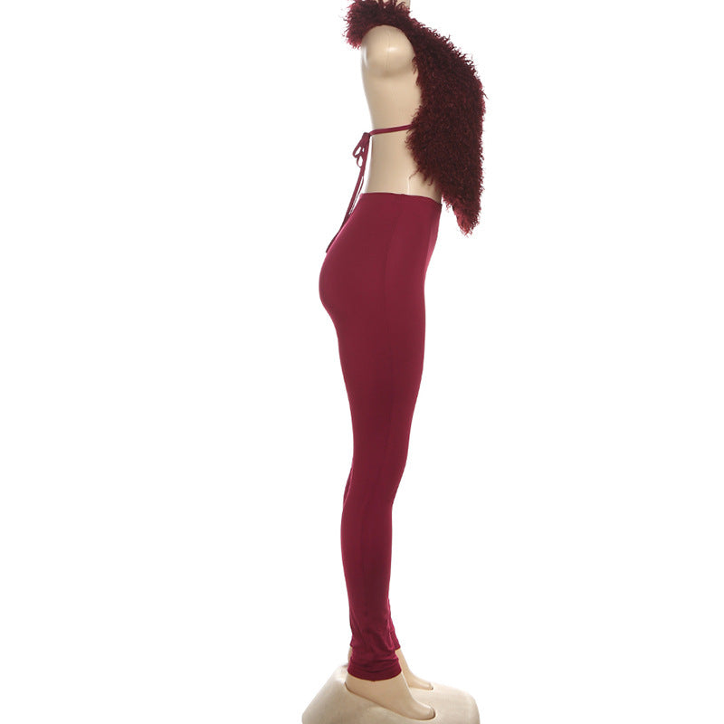 MB1801 Women's Faux Fur Trim Top & High Waist Leggings Two-Piece Outfit