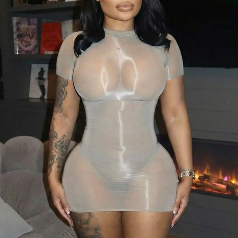 MB1464 Sheer Mesh Mock‑Neck Short‑Sleeve Bodycon Mini Dress