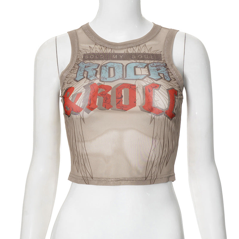 MB1026 Mesh Crop Top with Rock and Roll Print