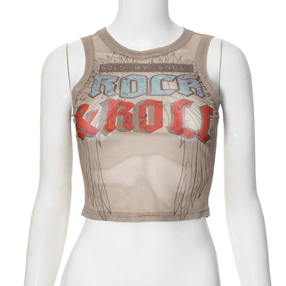 MB1026 Mesh Crop Top with Rock and Roll Print