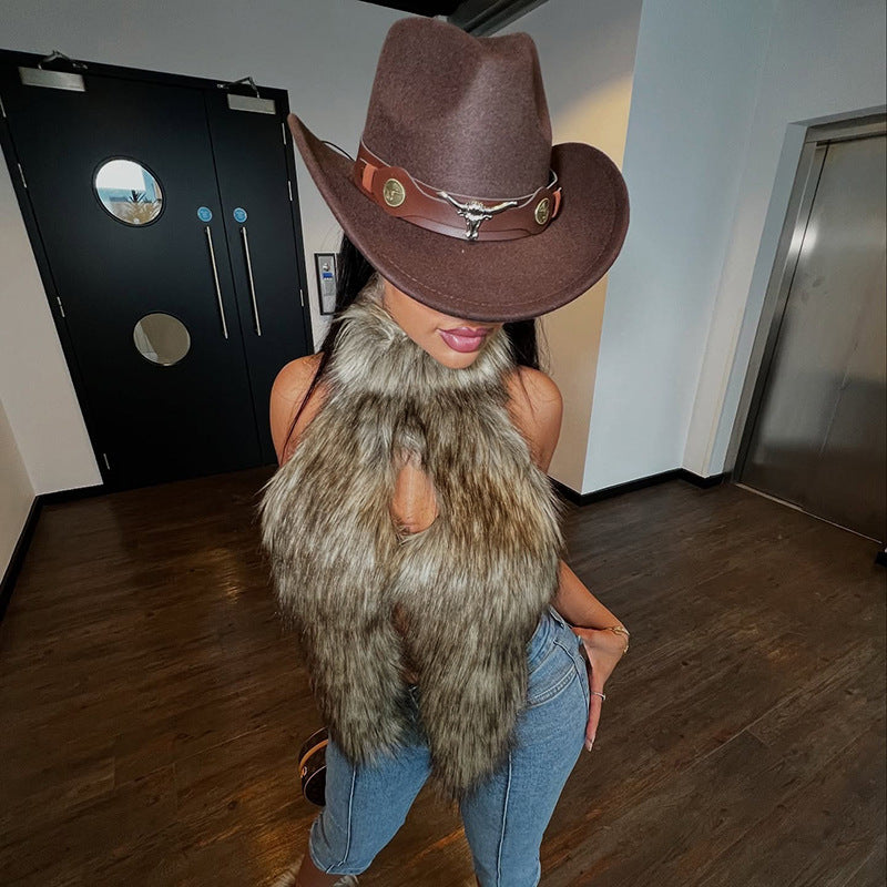 MB1058 Women's Clubwear Faux Fur Halter Neck Crop Top