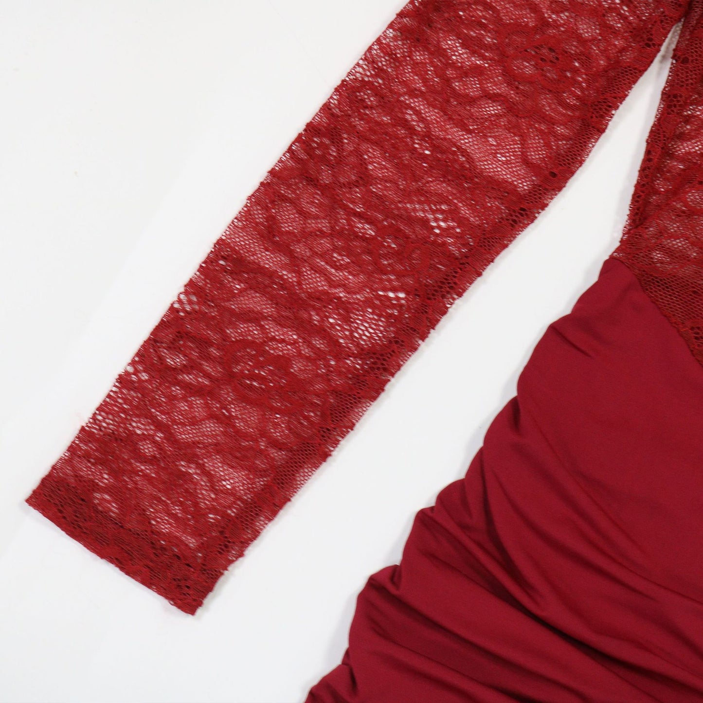 MB1216 Burgundy Lace Ruched Bodycon Maxi Dress