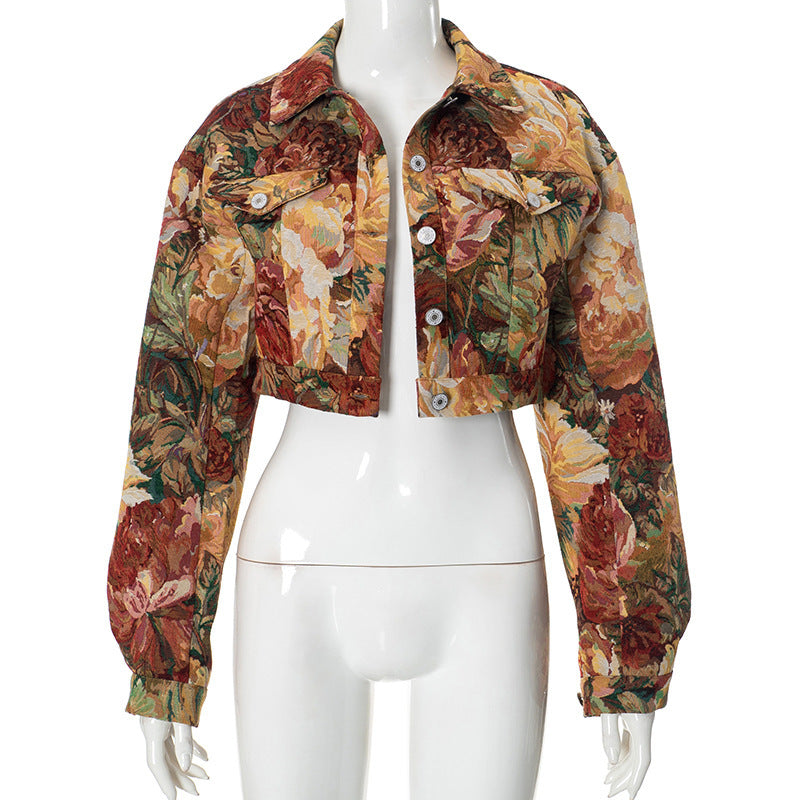 MB10105 Vintage Floral Jacquard Crop Collared Jacket