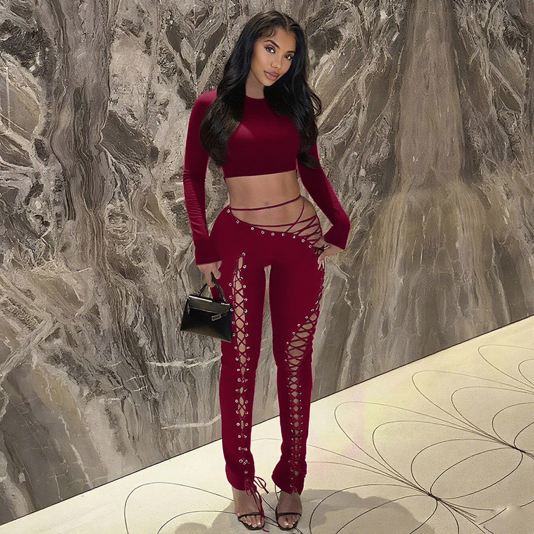 MB1810 Fitted Crop Top & Lace-Up Pants Two-Piece Outfit