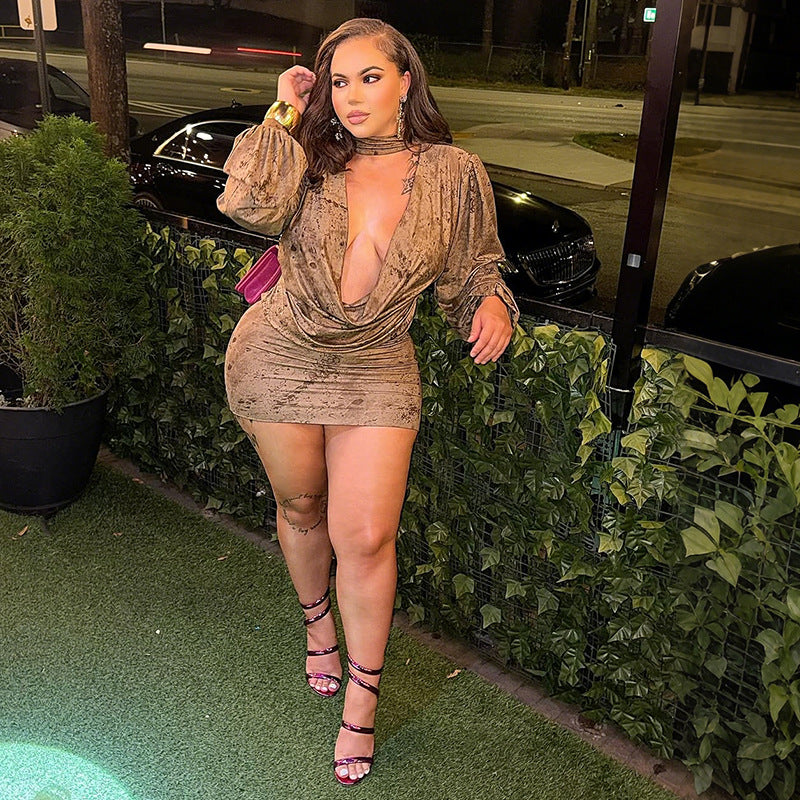 MB1510 Bronze Print Turtleneck Deep V Mini Dress