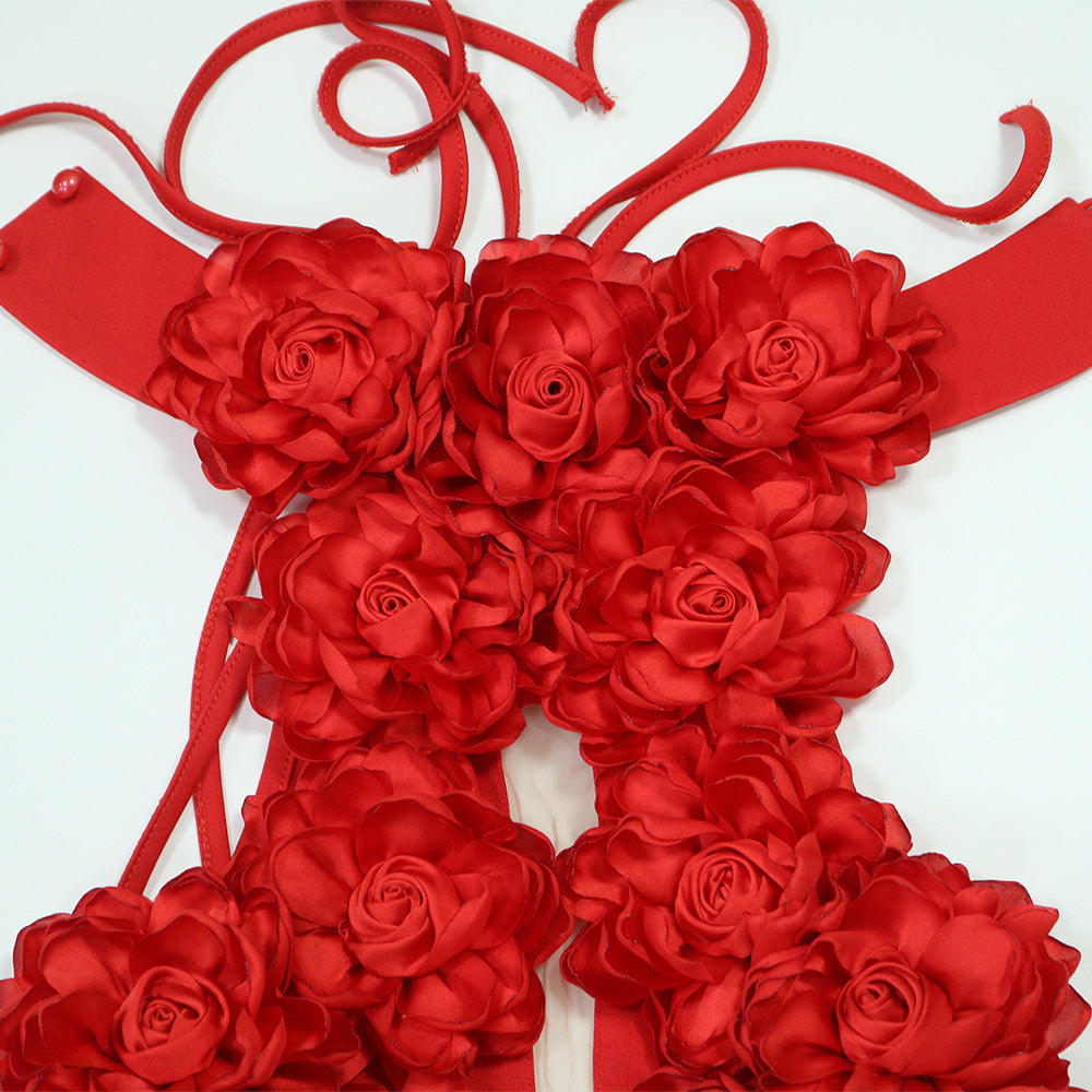 MB1227 Red 3D Floral Applique Halter Maxi Dress | Backless Bodycon Evening Gown