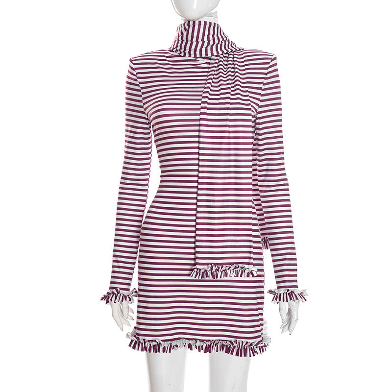 MB1433 Striped Turtleneck Mini Dress with Matching Scarf