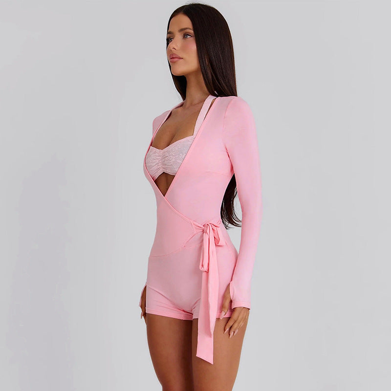 MB10198 Women Wrap V‑Neck Long‑Sleeve Romper