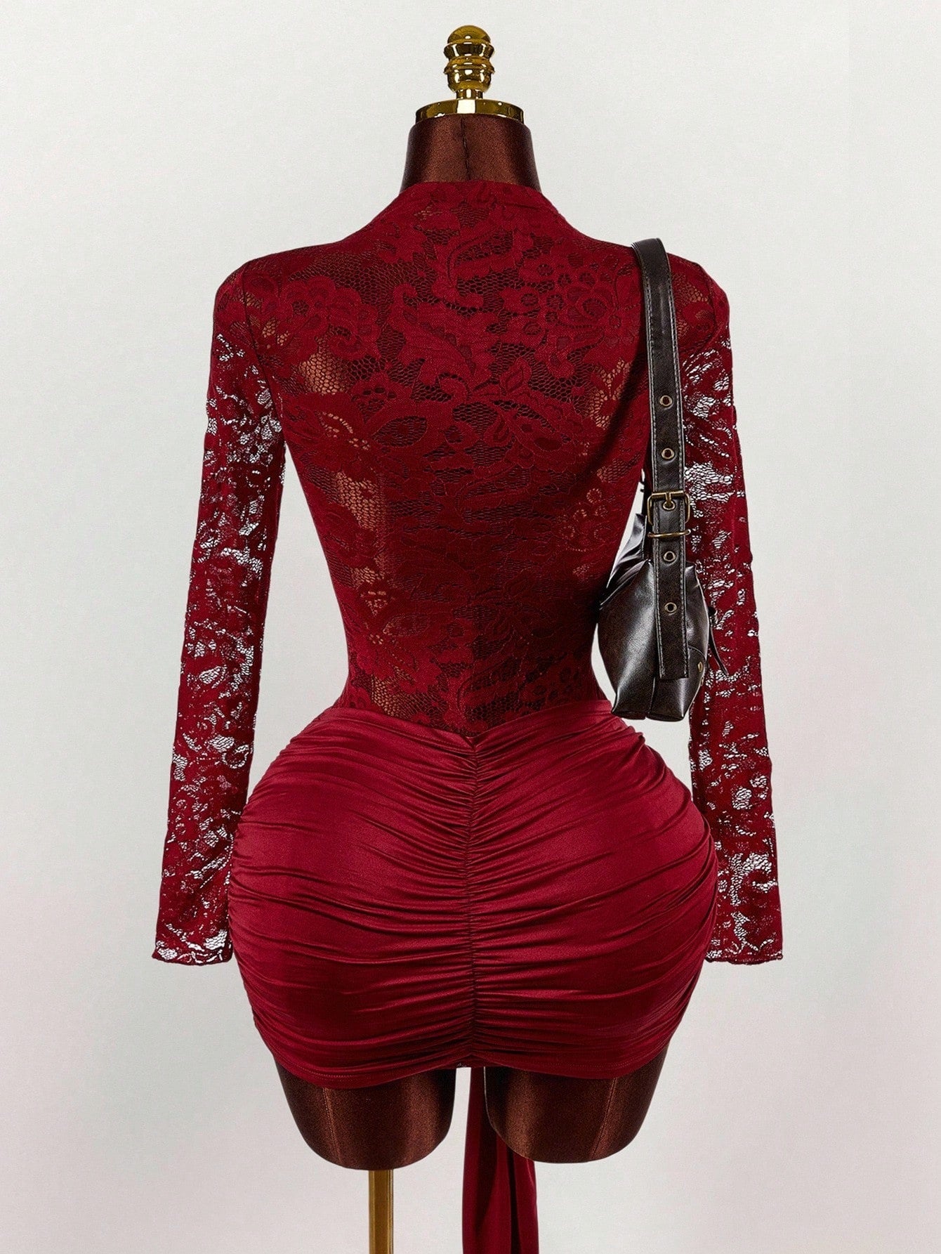 MB2004  White Lace Sheer Long Sleeve Bodycon Mini Dress - Ruched Draped Party Dress for Women 