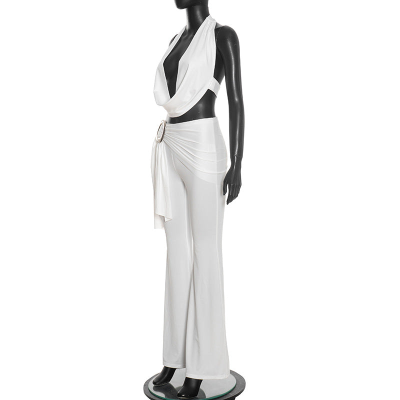MB10160 Women's Halter Neck Deep V Crop Top with Flared Pants 2 Piece Set